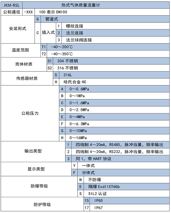壓縮空氣熱式氣體質量流量計選項表